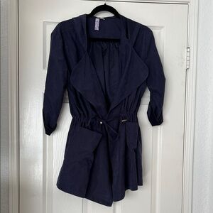 Alya Satin Suede Mini Trenchcoat Utility Jacket in Navy